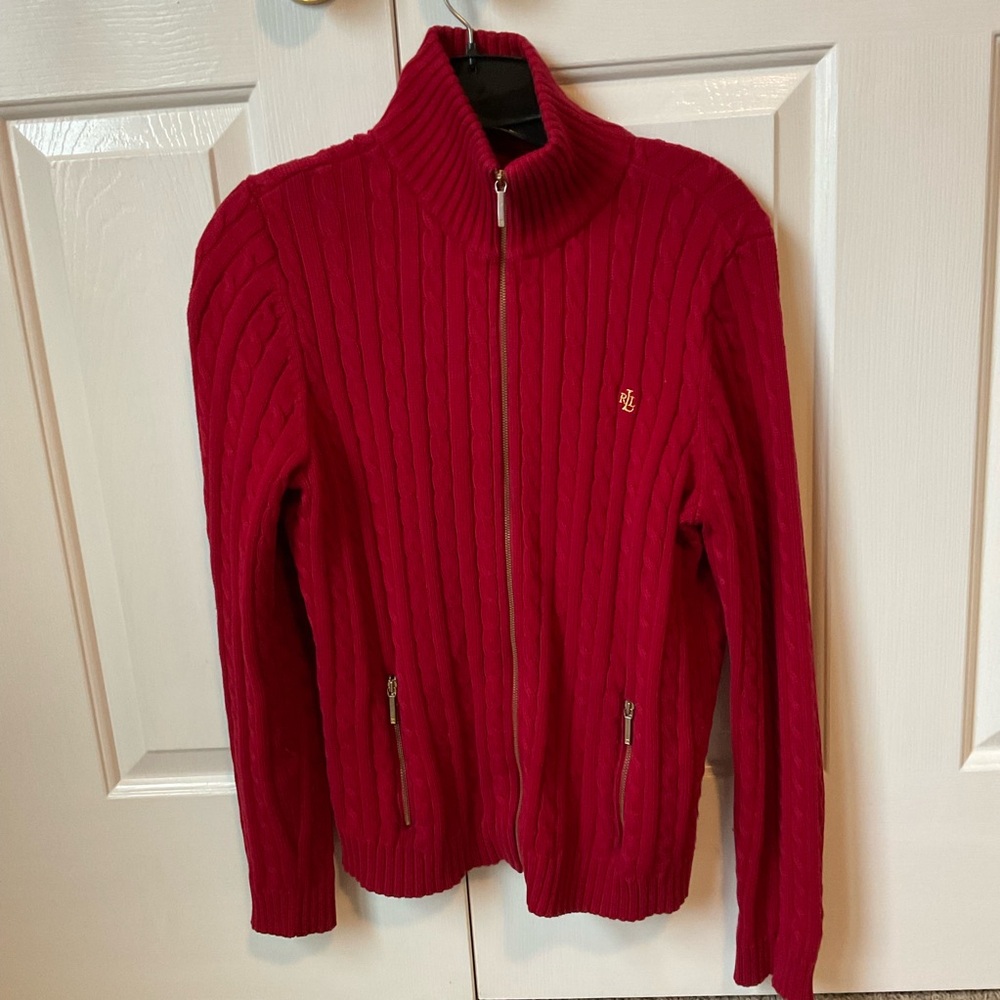 Red Cable Knit Zip-Up Sweater